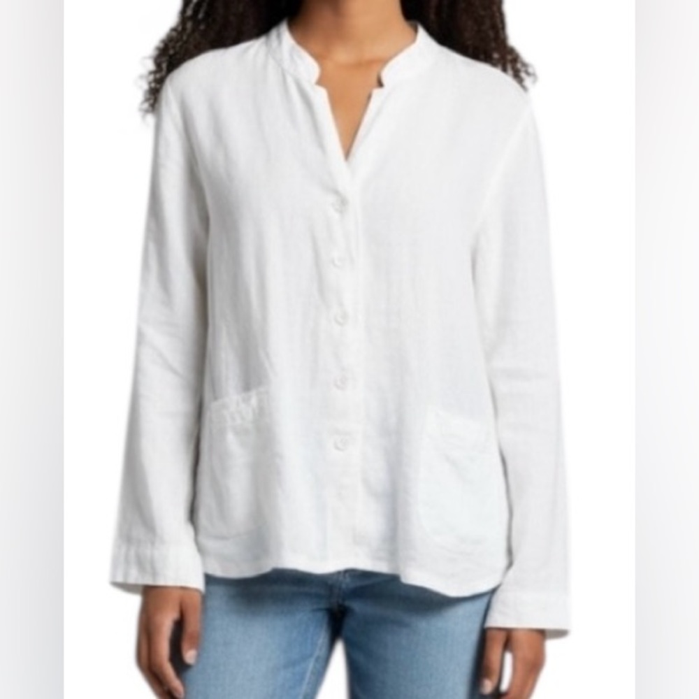 Eileen Fisher 100% Irish Linen White Classic Blazer Jacket  Buttons  Size Large